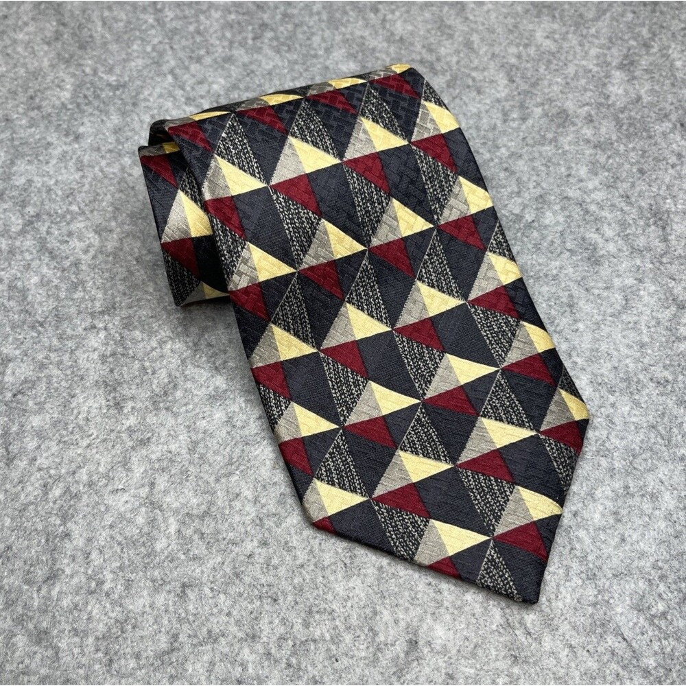GALLI’S Vintage Spain 100% Silk Tie Geometric Triangle Mosaic Red Gray Yellow